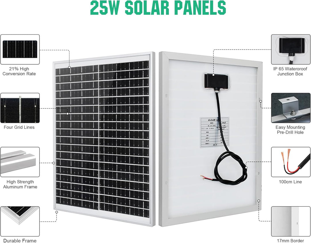 ECO-WORTHY 25 Watt 12 Volt Solarpanel IP65 Wasserdichtes Solarmodul Off Grid Batterieladung für Auto