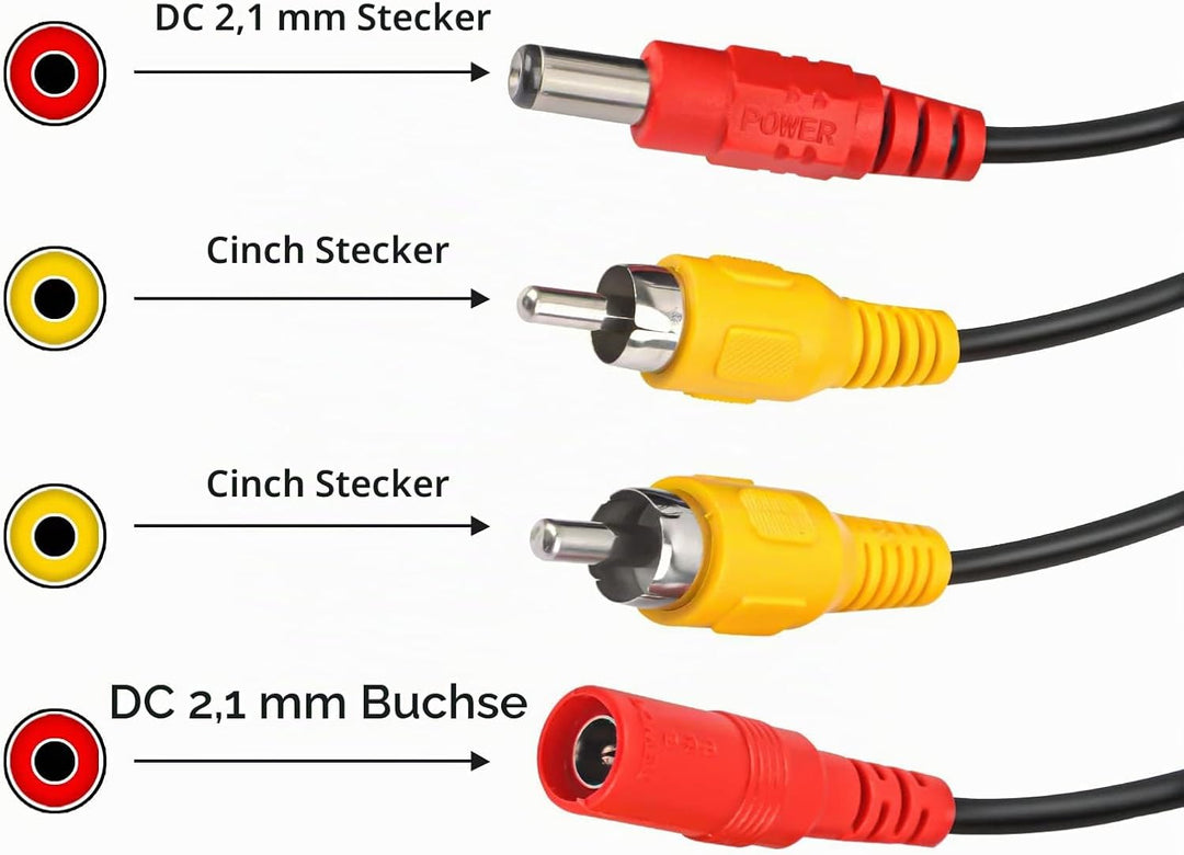 Auto Cinch Kabel/Kabelsatz Optional DC Netzanschluss 2 in 2 für Rückfahrkamera CCTV LED 20M/66FT RCA