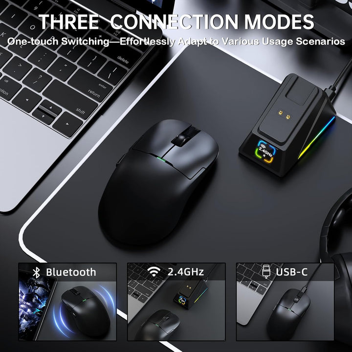 A.JAZZ AJ159P MC PRO Superlight Kabellose Gaming-Maus, RGB Ladedock-Schwarz, Schwarz