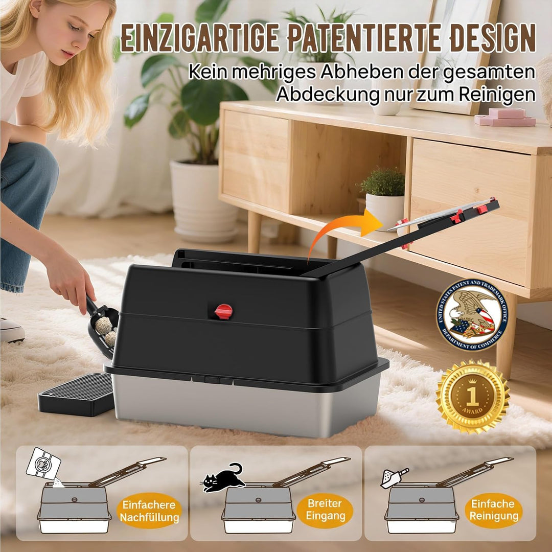 Edelstahl Katzenklo XXL aus V2A – 62 cm Geschlossene Katzentoilette mit 160° Klappdeckel, 3-in-1 Des