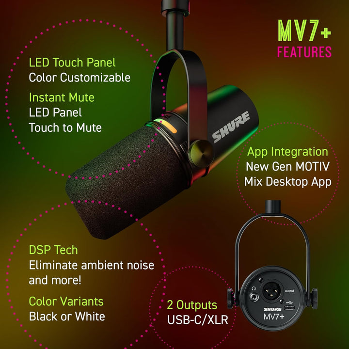 Shure MV7+ Podcast Mikrofon-Verbessertes Audio, LED-Touchpanel, USB-C- und XLR-Ausgänge, Auto-Level-