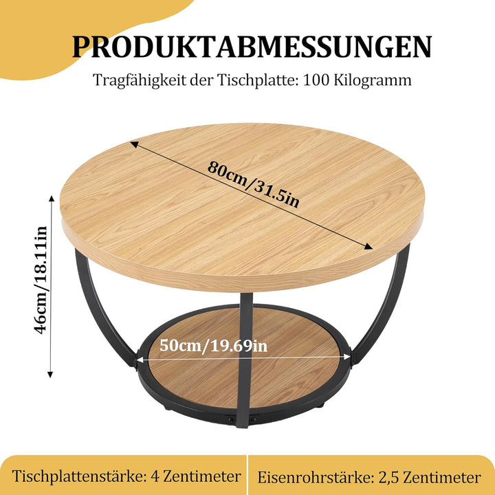 Mingone Couchtisch Rund, Industrial 2-Tier-Kreis Wohnzimmertisch mit Offenem Stauraum, Holz Coffee T