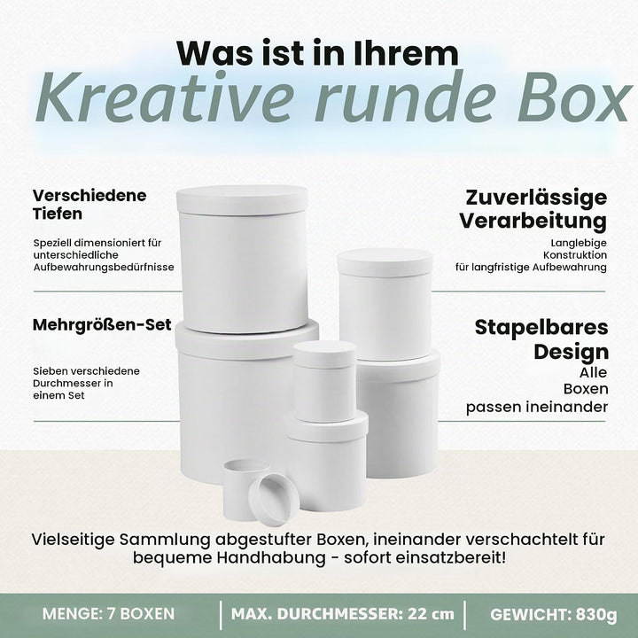 Runde Boxen, rund, D: 7+9+12+14,5+17+19,5+22 cm, H: 7,5+10,2+12,7+15,2+17,7+20,2+22,7 cm, weiss, 7 S