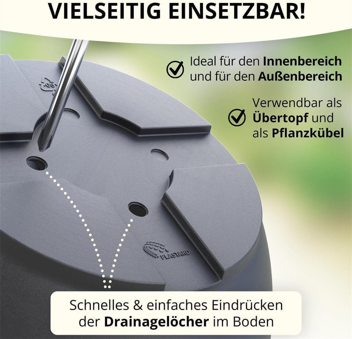 Plastard Übertopf 5er Set Durchmesser 35 cm Anthrazit Blumentopf für Innen und Aussen aus Kunststoff
