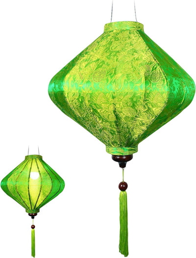 Asiatische Laterne Lampion aus Grün Seide, T Ø39cm - Traditionelle Hoi An Hängelampe aus Stoff, Bamb