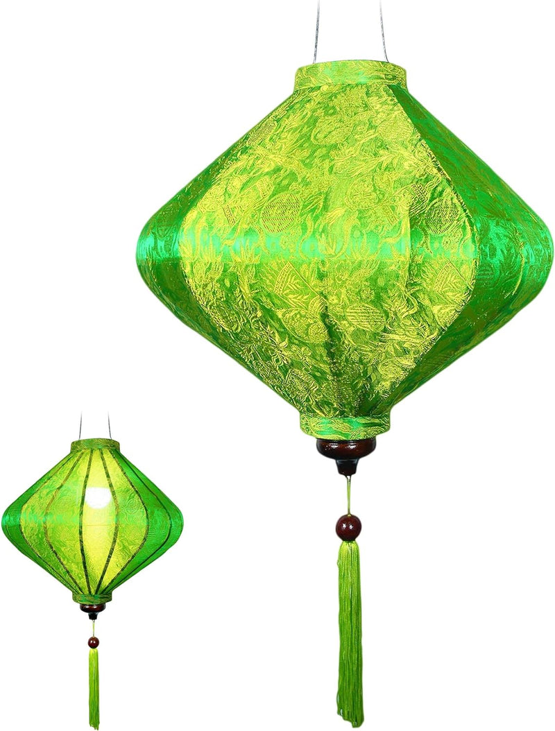 Asiatische Laterne Lampion aus Grün Seide, T Ø39cm - Traditionelle Hoi An Hängelampe aus Stoff, Bamb