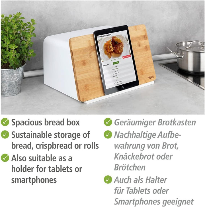 WENKO Brotkasten mit Bambusbrett Mod. Kubo, praktische Brotaufbewahrung mit Deckel & integriertem Sc