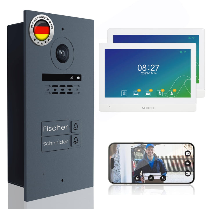 Mathfel 2-Draht Video Türsprechanlage mit Gravur – WLAN Monitor, 2MP HD Kamera, 170° Weitwinkel, Tür