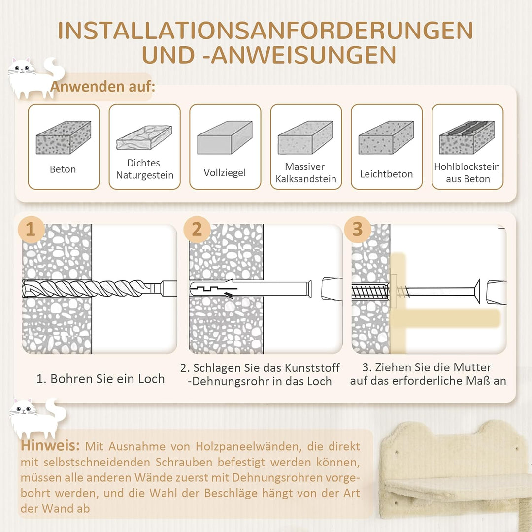 PawHut Kletterwand Katzen 4-teilig Katzen Kletterwand Set mit Kaztentreppe, Katzenbrücke, Hängematte