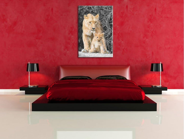 schöne Löwin mit süssem Jungtier schwarz/weiss Deluxe Format: 100x70 cm auf Leinwand, XXL riesige Bi