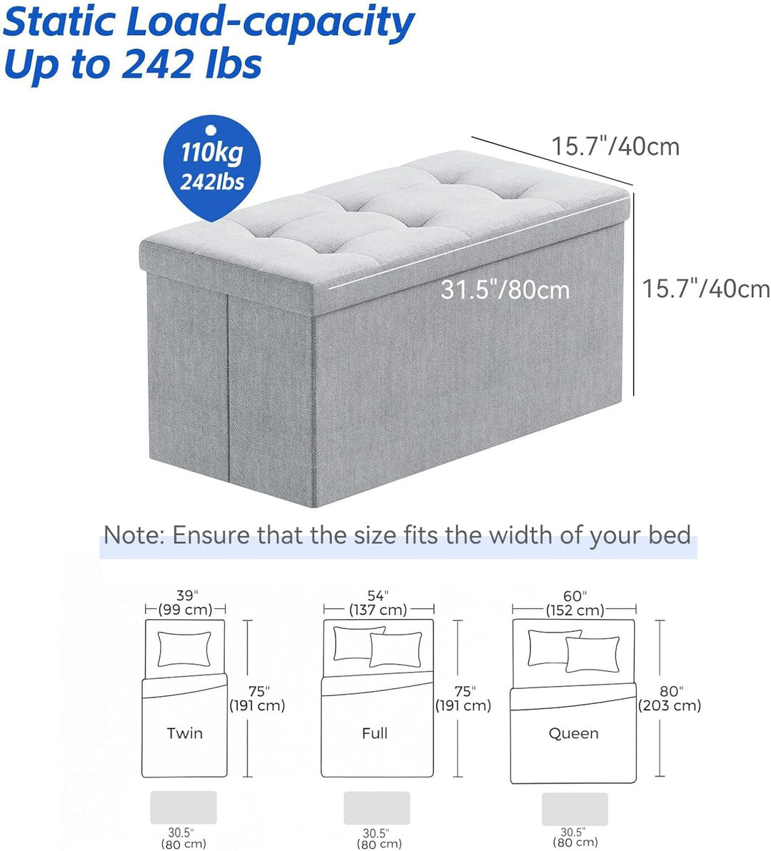 BRIAN & DANY Faltbarer sitzhocker Leinen Sitzbank mit Stauraum, Grau, 76 x 38 x 38cm, Grau