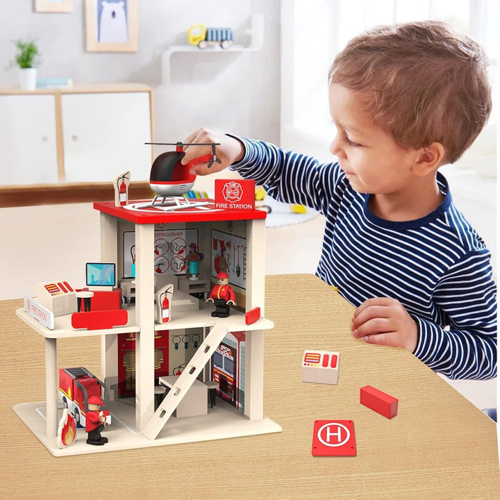Holz-Feuerwehr-Spielset, Puppenhaus mit Feuerwehrauto, Hubschrauber, Feuerwehrleuten und Zubehör, Vo