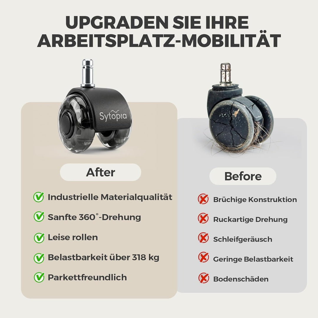 Sytopia Bürostuhl Rollen 11mm x 22 mm, 5er Set Rollen für Bürostühle, Super Leise und Weiche für Har