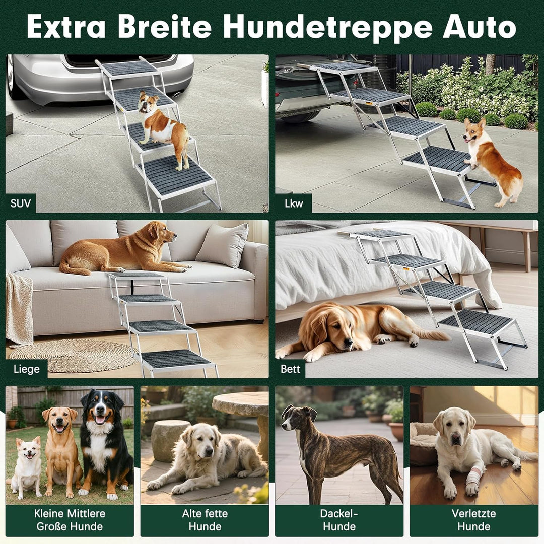 Hundetreppe Auto mit Teppich, Extra Breit 4 Stufen Hunderampe Auto Klappbar,Leichte Hunderampe Auto