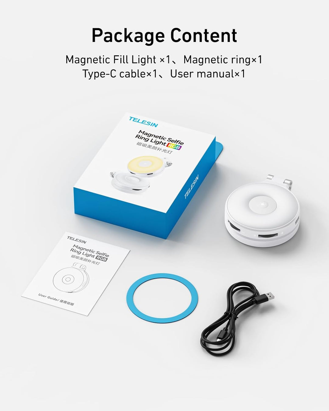 TELESIN Verbessertes 4-in-1 Magnetisches RGB-Selfie-Ringlicht mit Spiegel und Handyhalterung, wieder