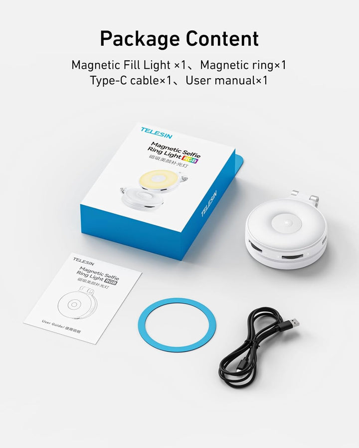 TELESIN Verbessertes 4-in-1 Magnetisches RGB-Selfie-Ringlicht mit Spiegel und Handyhalterung, wieder