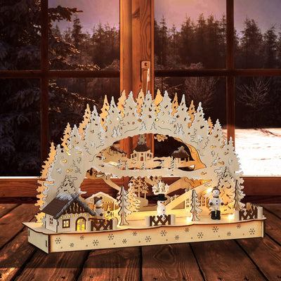 Monzana Schwibbogen XL LED Beleuchtet Holz Timer Batterie Winterdorf Weihnachten Deko Beleuchtung Li