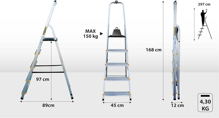 Drabest - PRO Haushaltsleiter - Stehleiter - 5 Stufen - Arbeitshöhe 2,97m - Klappleiter aus Aluminiu
