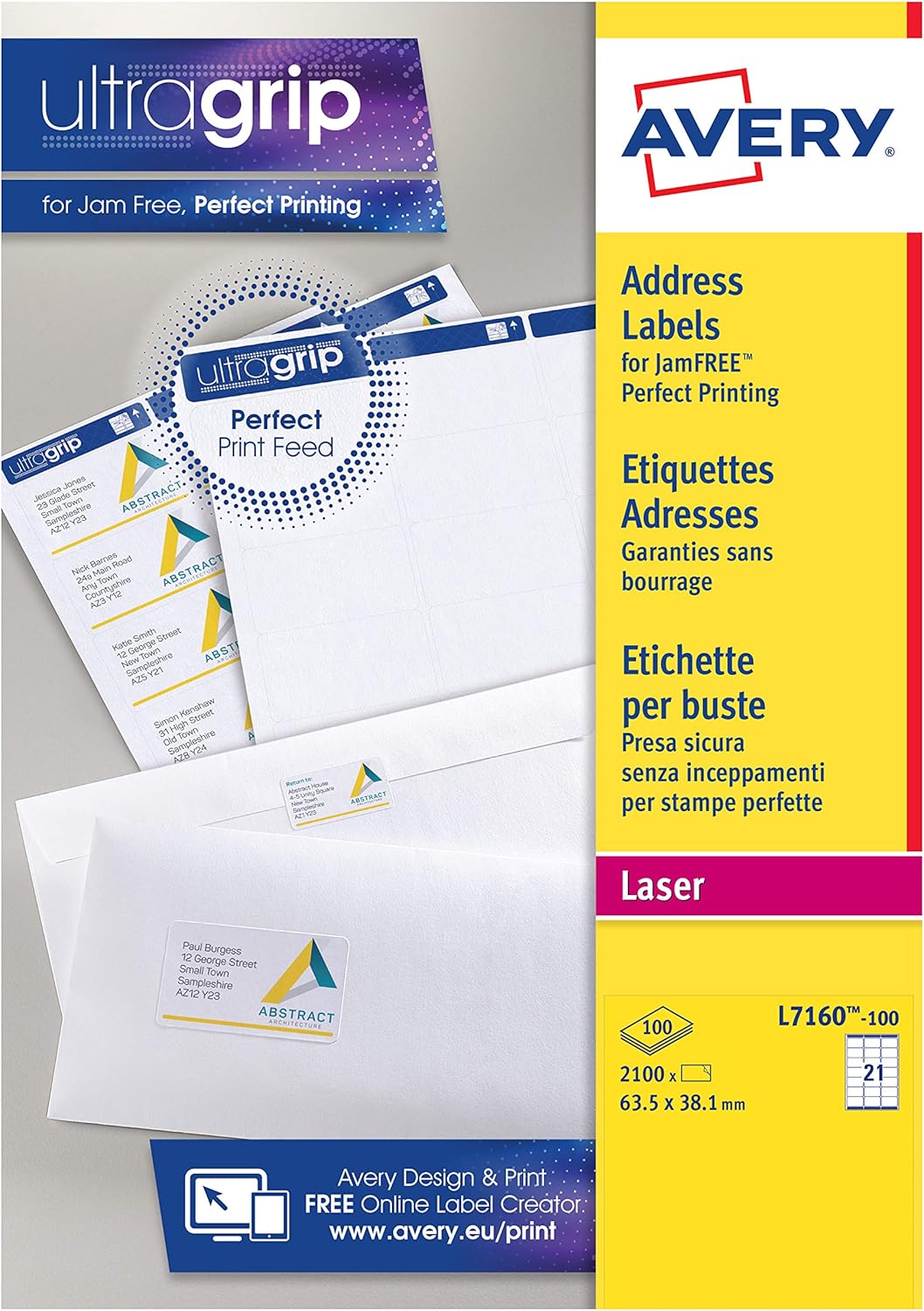 Adressetikett Avery Quickpeel 63.5x38.1 Weiss 100 Blatt 21 Etiketten pro Blatt