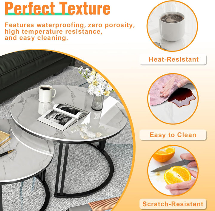 FATIVO Marmor Couchtisch 2er Set, Weiss Satztisch Rund Wohnzimmertisch mit schwarz Metallrahmen - Sa