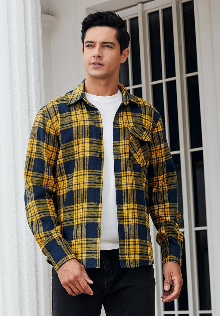 HISDERN Herren Hemd Checked Flanell Shirt, Herren Langarm Oberteil für Männer mit Brusttaschen, Butt