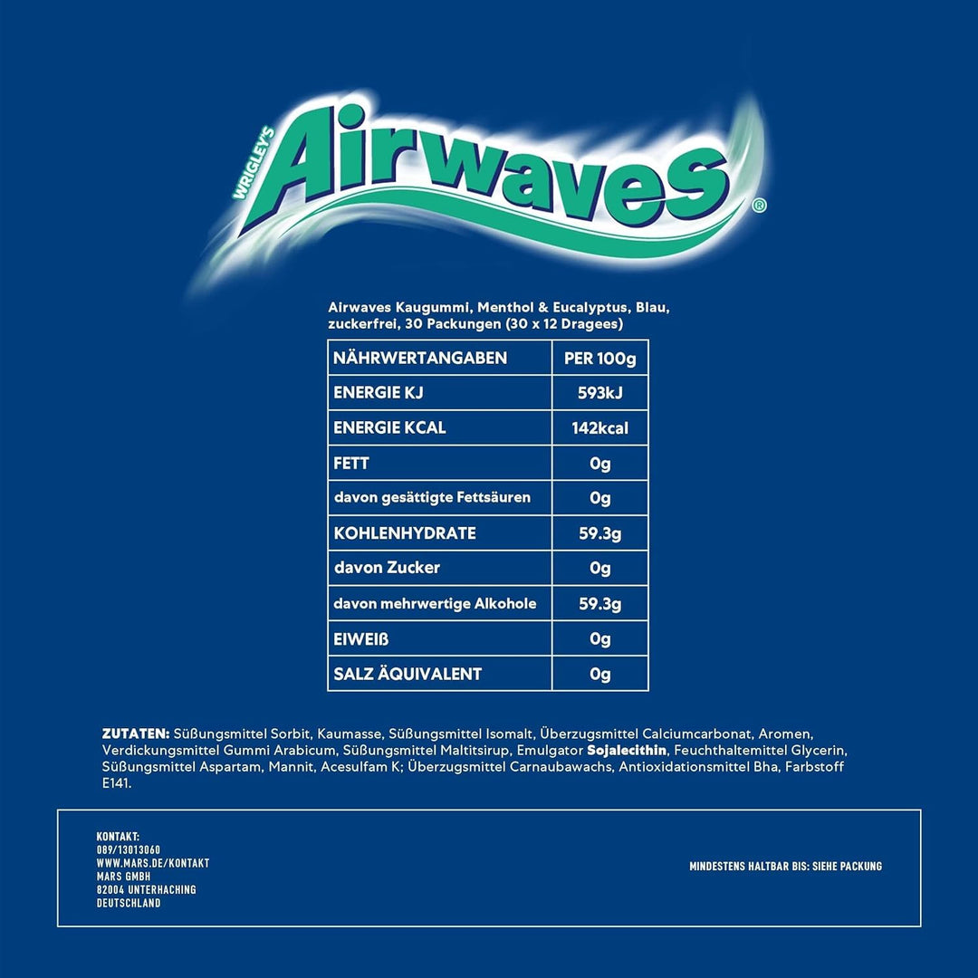 Airwaves Menthol und Eucalyptus, Zuckerfreier Kaugummi, Mit Minzfrische, 30 Packungen mit 12 Dragees