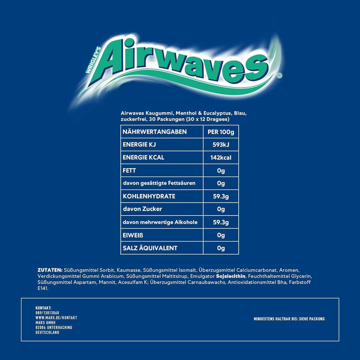 Airwaves Menthol und Eucalyptus, Zuckerfreier Kaugummi, Mit Minzfrische, 30 Packungen mit 12 Dragees