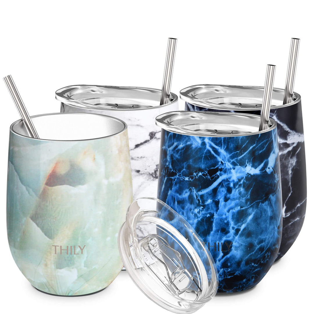 THILY Edelstahl-Weinbecher ohne Stiel 4er-Pack vakuumisolierte Reise-Weingläser mit Schiebedeckeln u