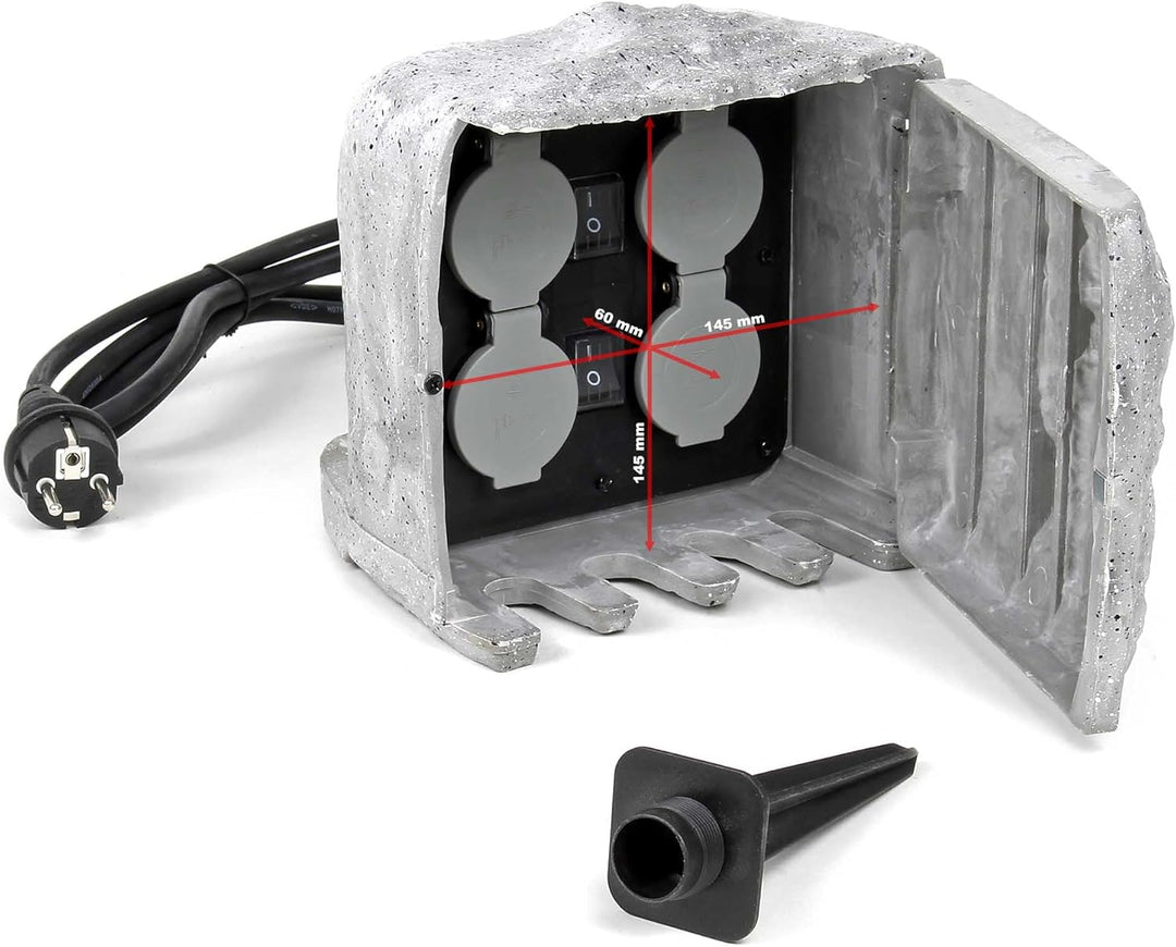 Gartensteckdose 4fach in Steinoptik, IP44, Aussensteckdose mit Zwei Schaltern und 1,5m Kabel