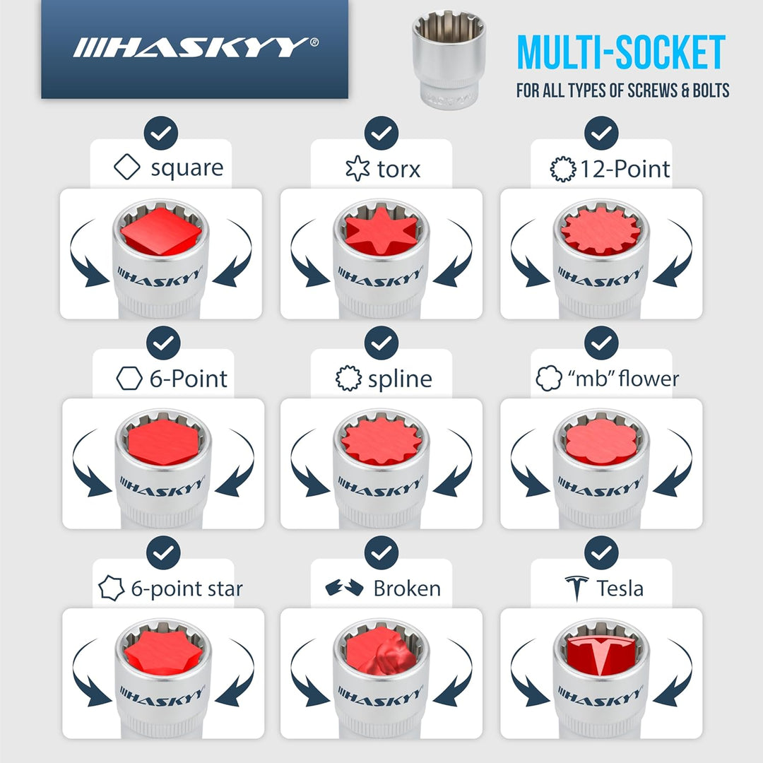 HASKYY Steckschlüssel Set Vielzahn XZN - 1/2" Steckschlüsselsatz 8-36mm 12-Kant & Gelenk-Maul-Ring R
