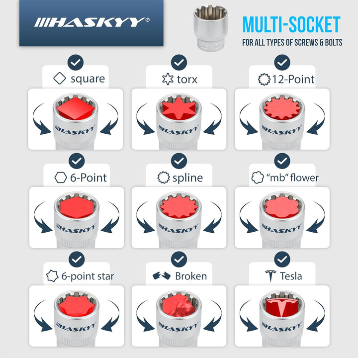 HASKYY Steckschlüssel Set Vielzahn XZN - 1/2" Steckschlüsselsatz 8-36mm 12-Kant & Gelenk-Maul-Ring R