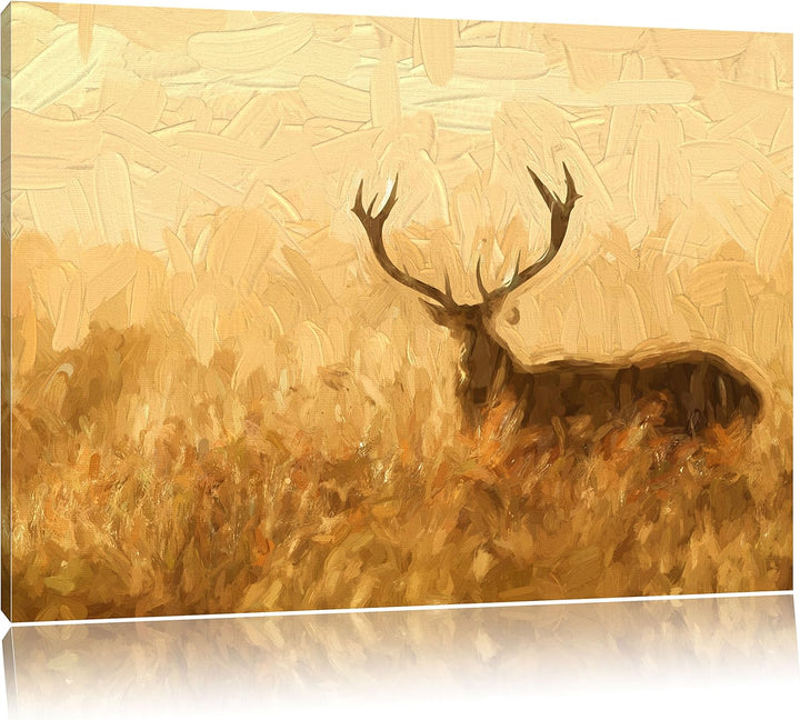 Pixxprint Rotwild Hirsch in Abenddämmerung Kunst Pinsel Effekt, Format: 100x70 auf Leinwand, 100x70