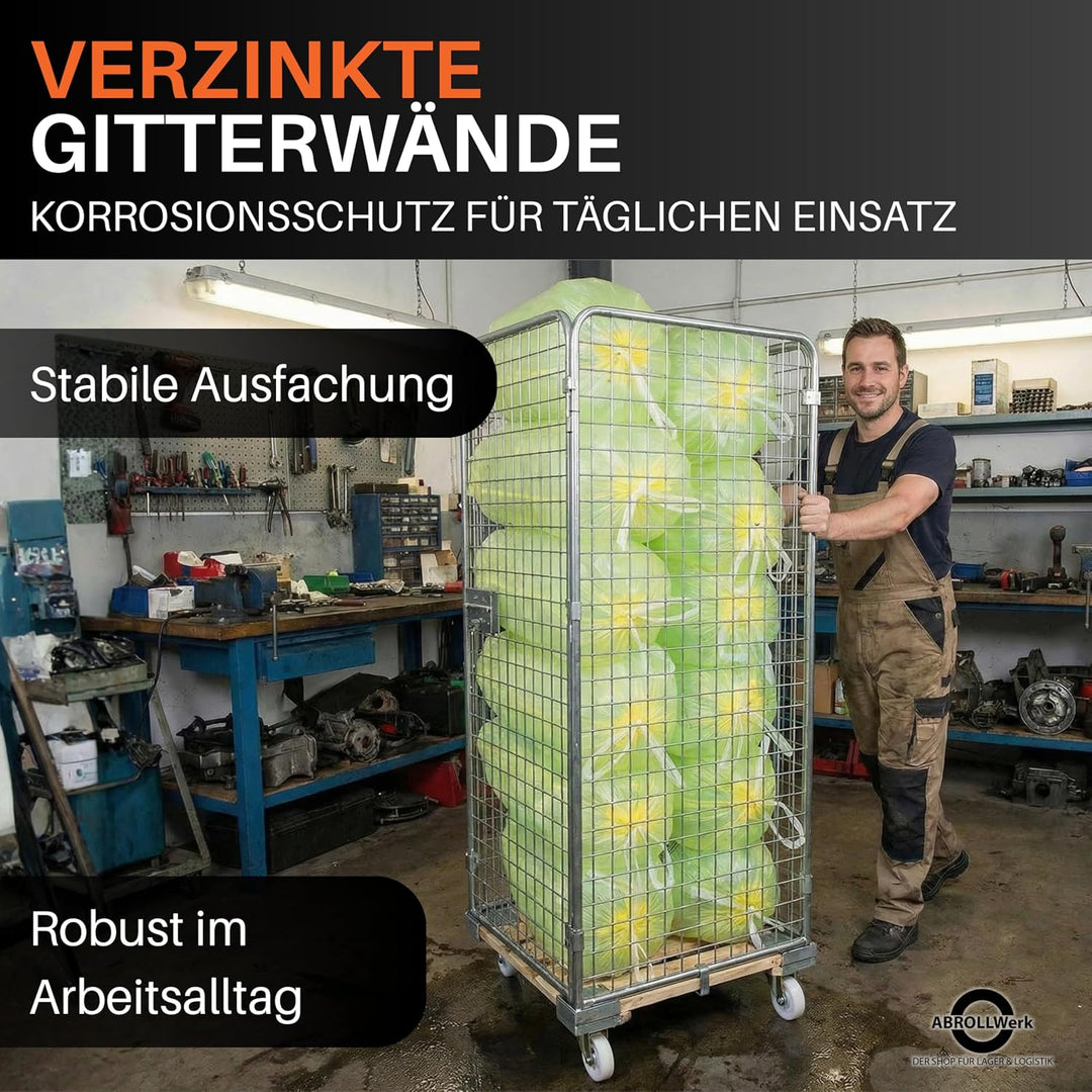 Drahtgitterbehälter mit Holz-Rollplatte – 4-seitiger Gitterwagen mit 1585 mm Nutzhöhe – Robuster Rol