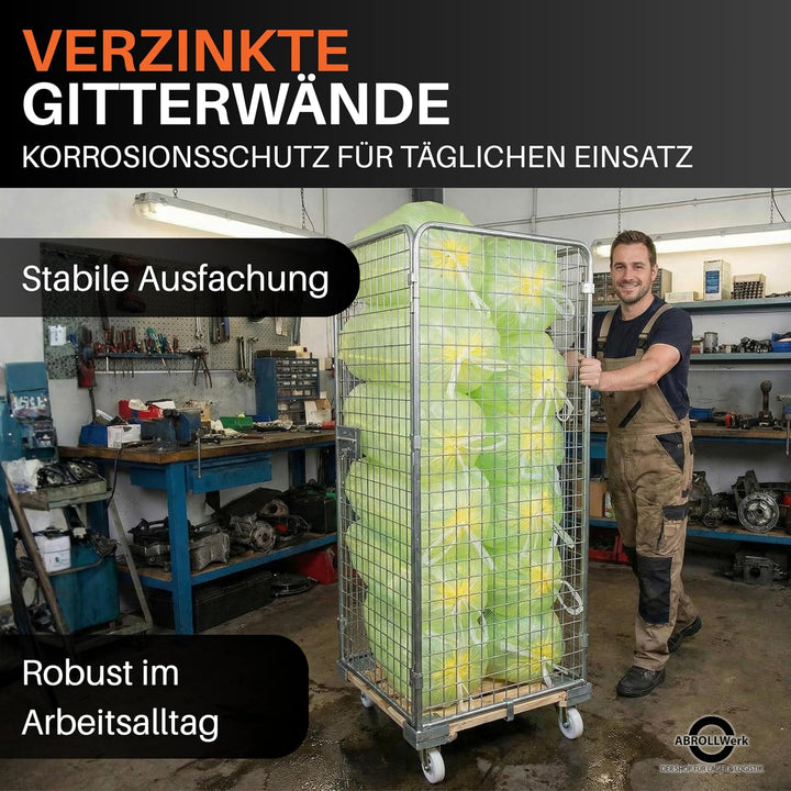 Drahtgitterbehälter mit Holz-Rollplatte – 4-seitiger Gitterwagen mit 1585 mm Nutzhöhe – Robuster Rol