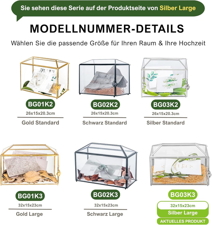 NCYP 32x15x23cm Silberfarbene Hochzeitskarten-Box aus Glas mit Schlitz und Schloss, Handgefertigt De
