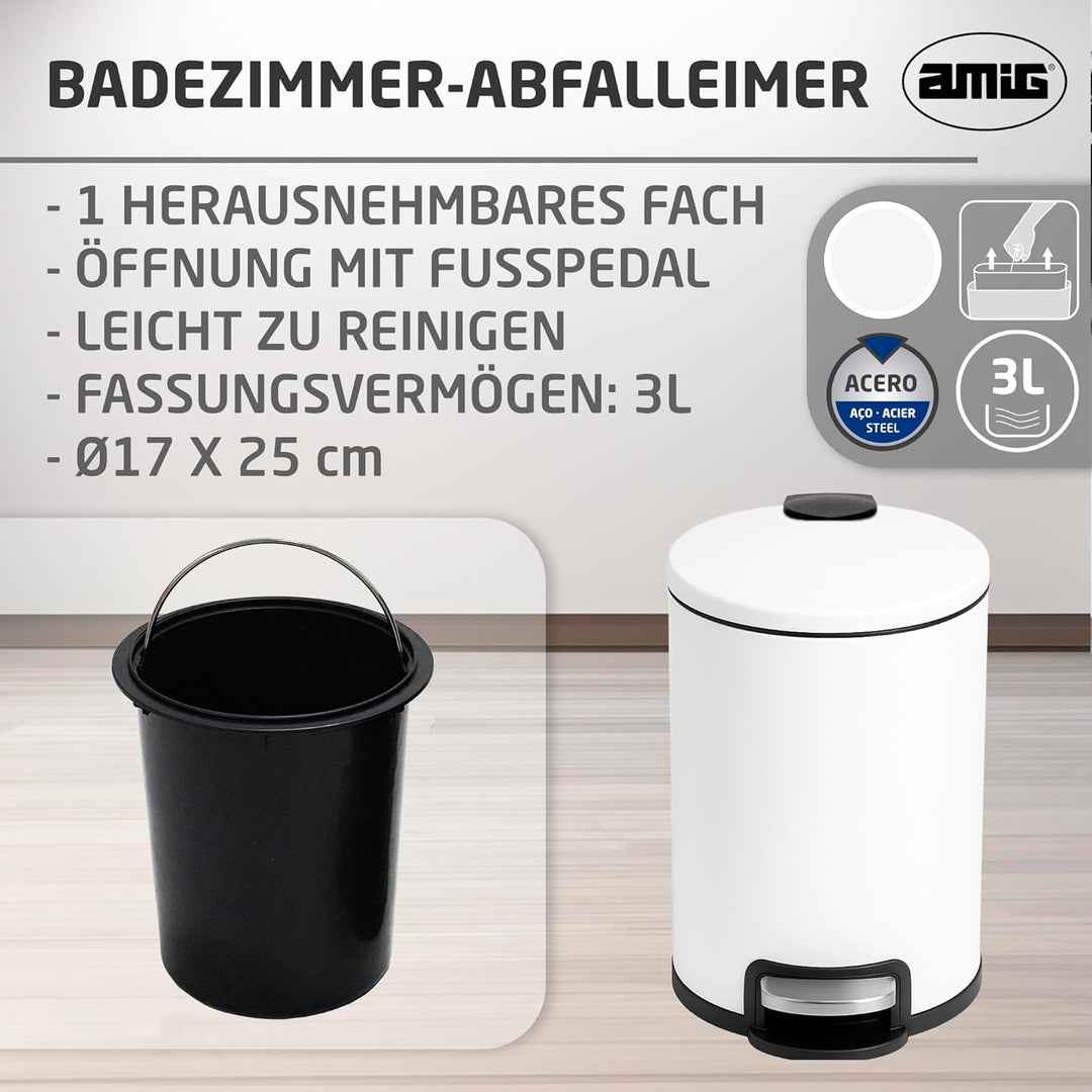Amig - Kosmetikeimer mit Pedal 3L Tacto - Weiss - Hygienische Öffnung - Ø16,8 x 25,5 cm - Lackierter