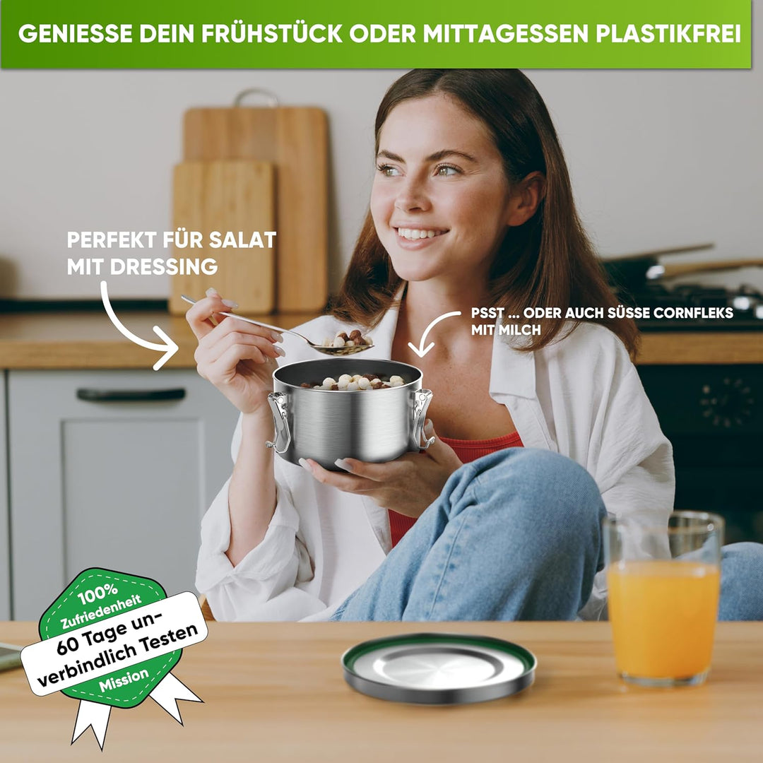 Blockhütte Premium Jausenbox Edelstahl Rund 1800ml mit Göffel 2x Dichtung Set Auslaufsichere Brotdos