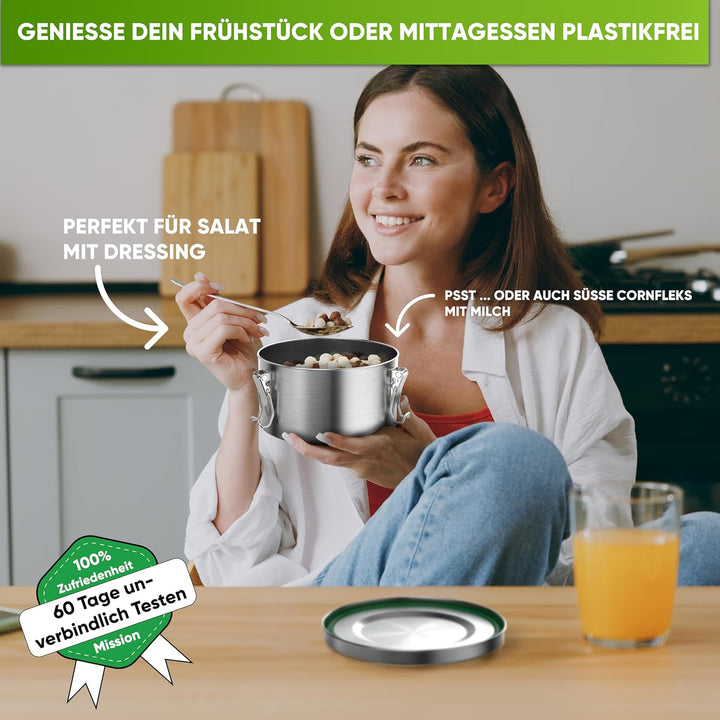 Blockhütte Premium Jausenbox Edelstahl Rund 1800ml mit Göffel 2x Dichtung Set Auslaufsichere Brotdos