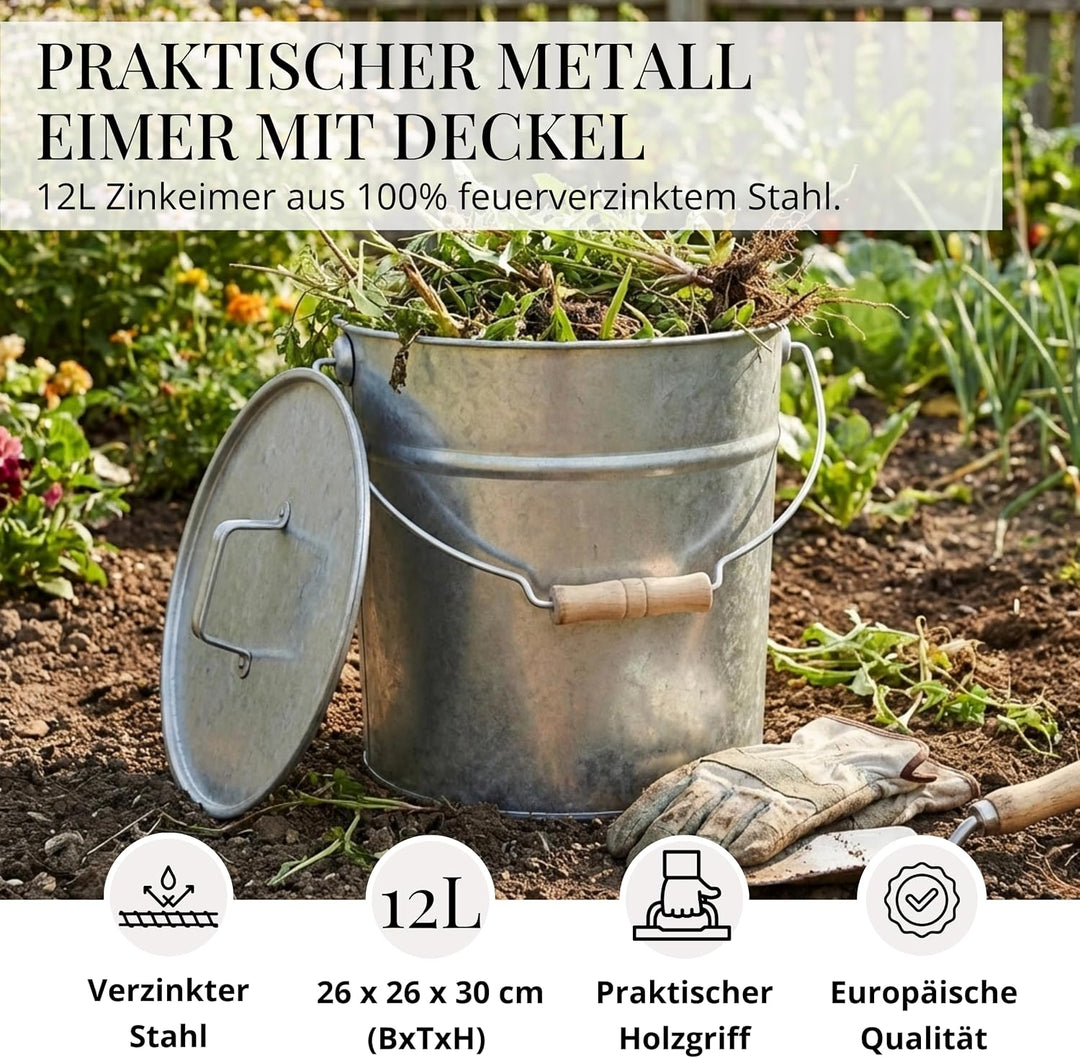 LIVLIG Premium Ascheeimer mit Deckel 12L Zink, exklusiver verzinkter Eimer mit Deckel für Moderne Ka