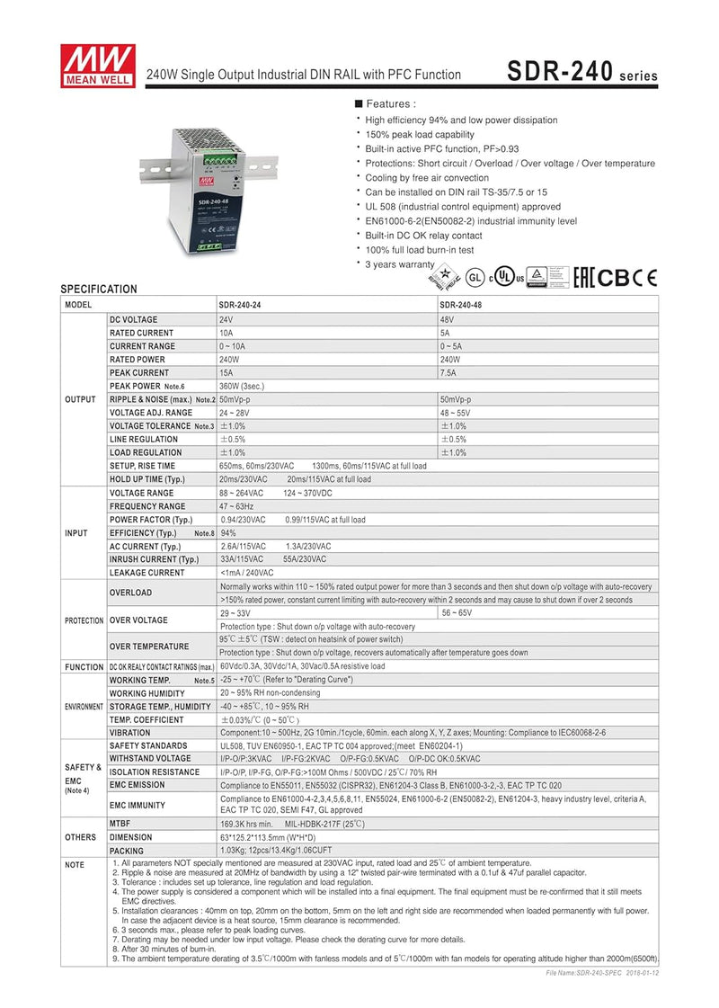 MeanWell 48V SDR-240-48 Netzteil 240W 5A Hutschienennetzteil slim 63mm DINRail