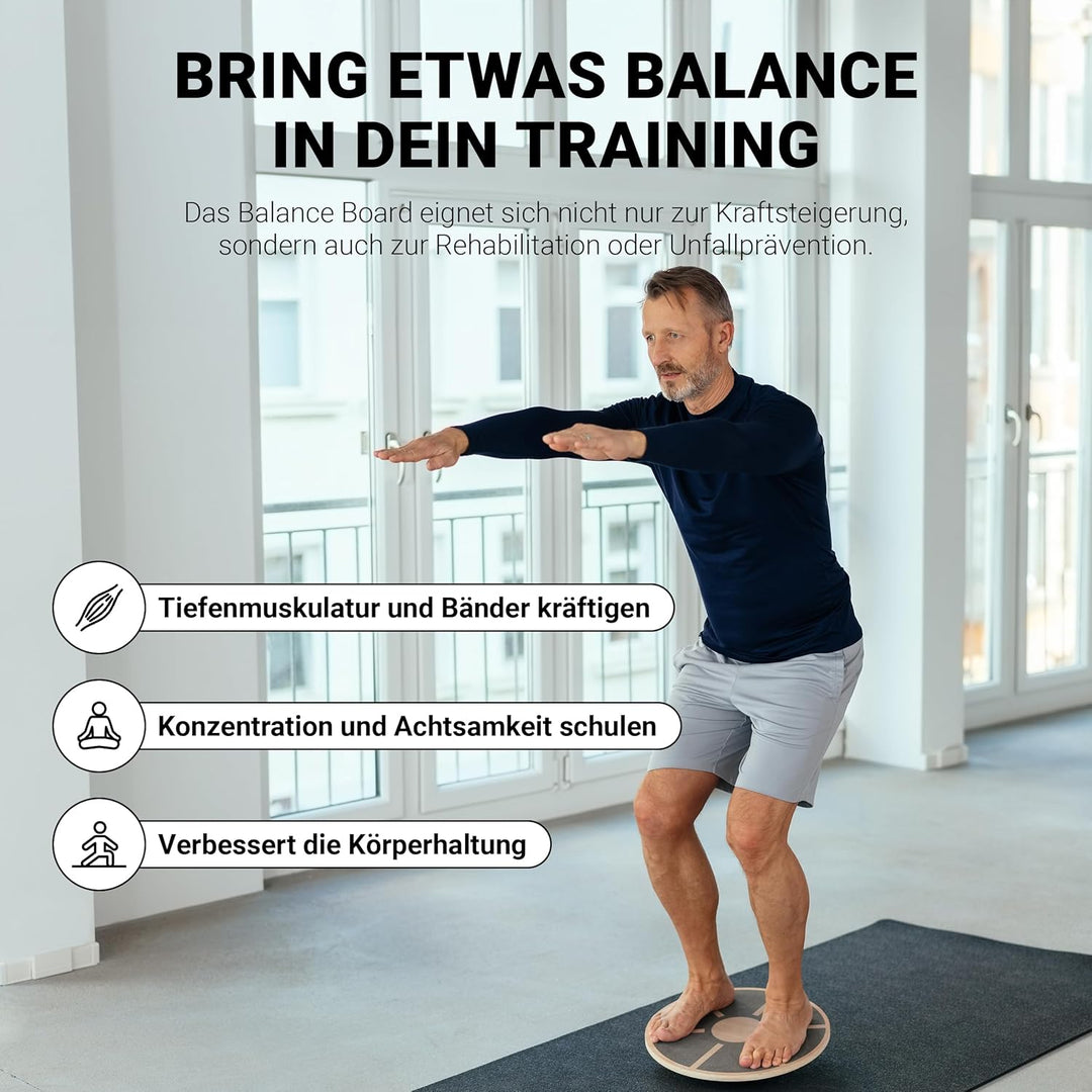 MSPORTS Balance Board aus Holz 39 cm Durchmesser inkl. Balance Übungsposter + Workout App GRATIS The
