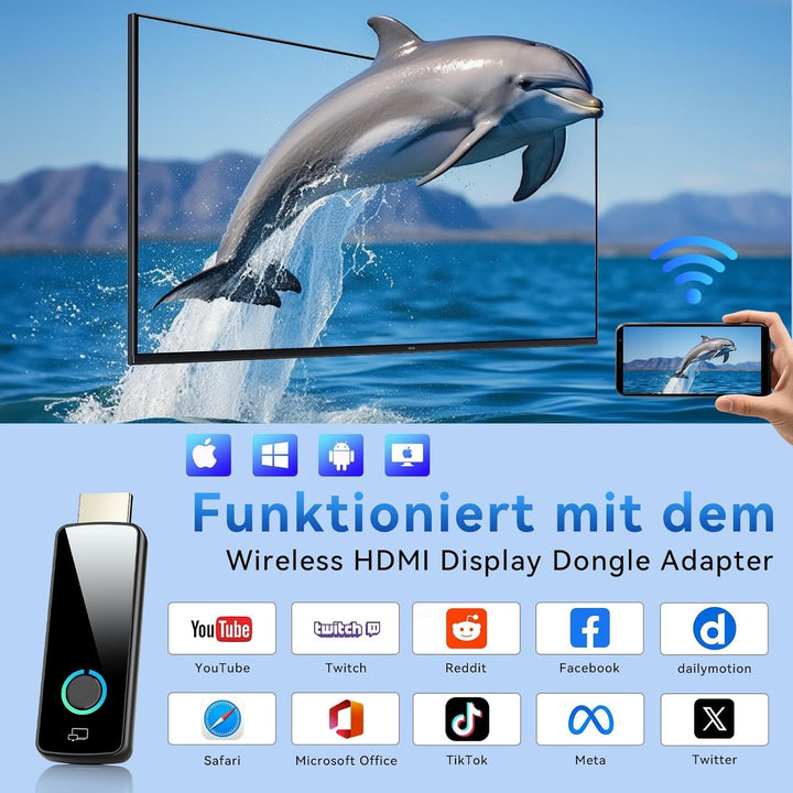 4K Kabelloser Display Dongle Adapter, Wireless HDMI Streaming, Airplay, Miracast, DLNA, Google Casti