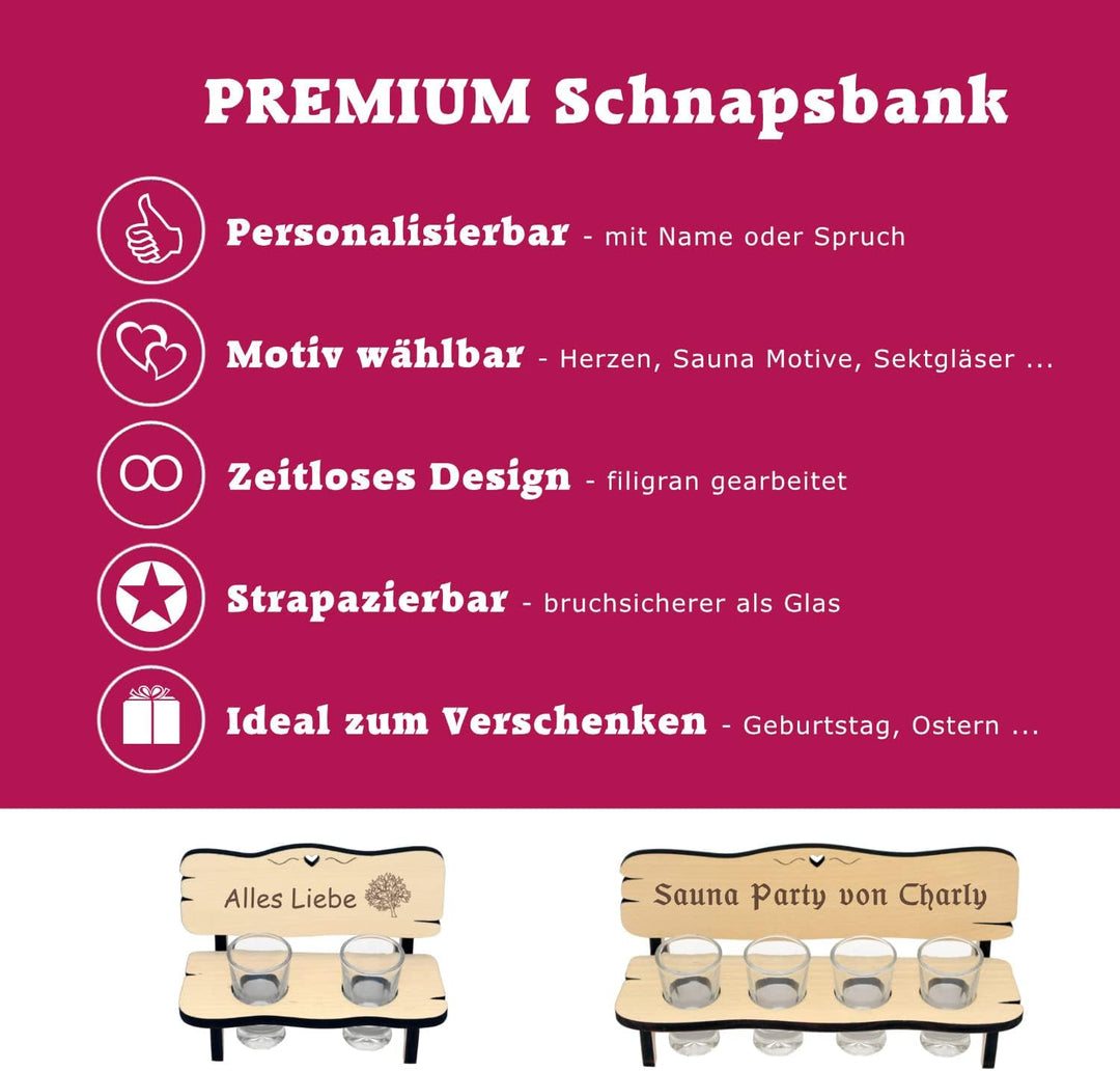 Saunabank mit Schnapsgläsern - Gravur mit Name + Spruch - mit Zwei Gläser oder 4, Geschenkidee für S