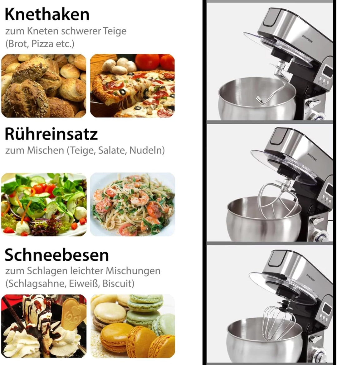 Syntrox Küchengerät Kagus Edelstahl 6 Liter Küchenmaschine & Fleischwolf, Knethaken, Schneebesen, LE