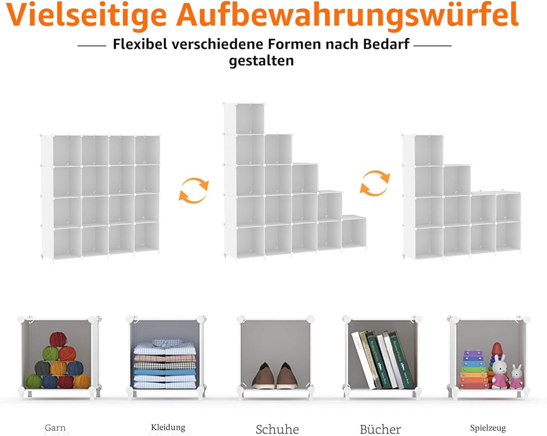 AWTATOS Kleiderschrank mit 16 Würfeln, Storage Shelves, DIY Regal Würfel, PP Steckregal Kunststoff,