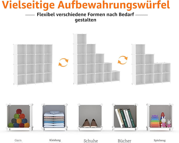 AWTATOS Kleiderschrank mit 16 Würfeln, Storage Shelves, DIY Regal Würfel, PP Steckregal Kunststoff,