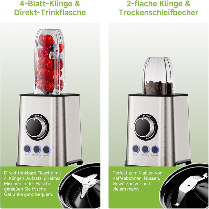 Biolomix 3-in-1-Mixer und Smoothie-Maker 1300-W-Standmixer mit 1,5-l-Glasbehälter 3 Geschwindigkeits