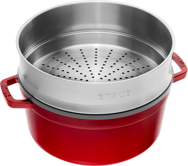 STAUB Gusseisen Bräter/Cocotte, mit Dämpfeinsatz, Rund 26 cm, 5,2 L, Aromaregen Funktion, Für alle H
