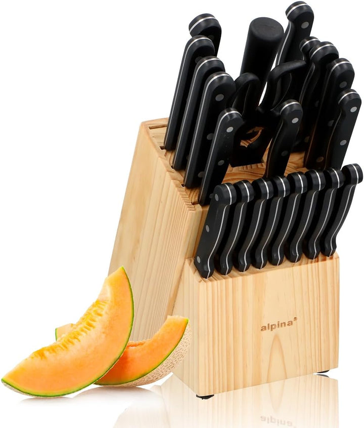 alpina Messerblock aus Holz - Bestückt für Küchen - Kochmesser - Messer Set, Holz
