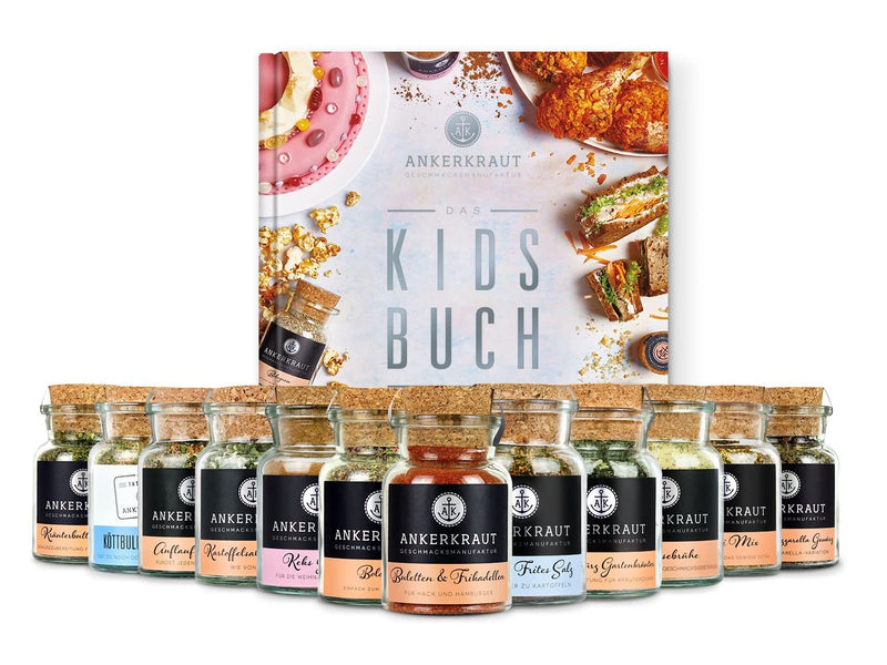 Ankerkraut Kids Kochbuch Set mit 12 Gewürzen, Kids Kochbuch mit Rezepten enthalten, leckere Gewürzgl